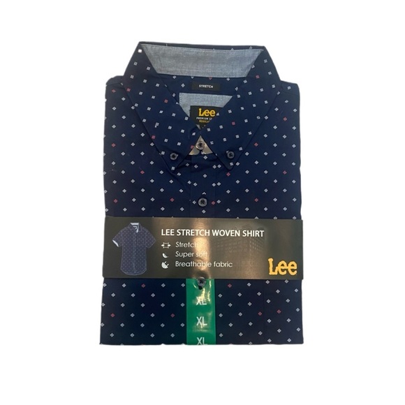 Lee NWT Men’s Short Sleeve Navy Woven Stretch Fit Button Down Shirt Sz XL New - Picture 1 of 4